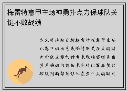 梅雷特意甲主场神勇扑点力保球队关键不败战绩