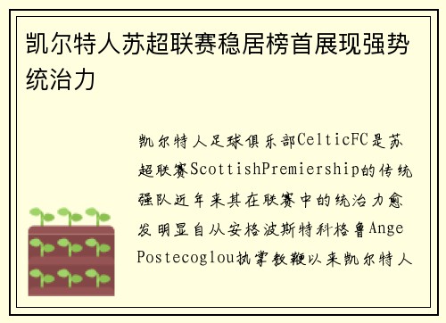 凯尔特人苏超联赛稳居榜首展现强势统治力 凯尔特人苏超联赛稳居榜首展现强势统治力